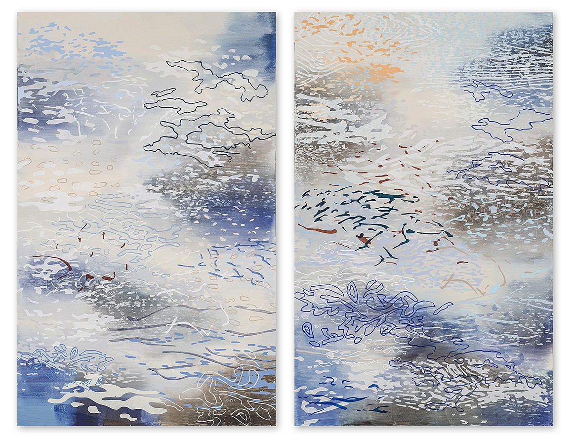 Laura Fayer, Five Winds & Sky Palace (Sold)
Acrylic & Japanese paper on canvas, 48 x 30 inches each (48 x 60" overall), may be purchased individually