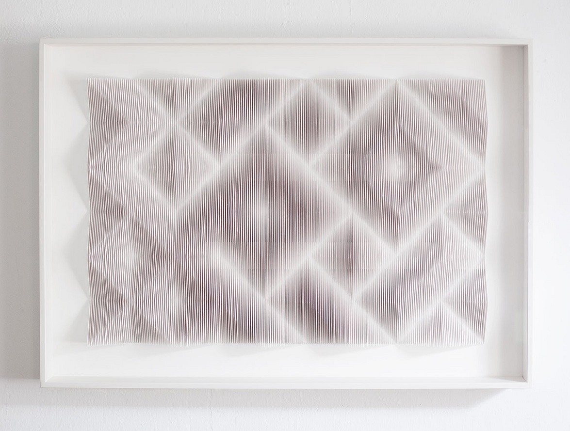 Anna Kruhelska, In Between 3 (Sold)
Hand-folded archival paper, 28 x 40", (art may be oriented horizontally or vertically) Framed with non-reflective glass