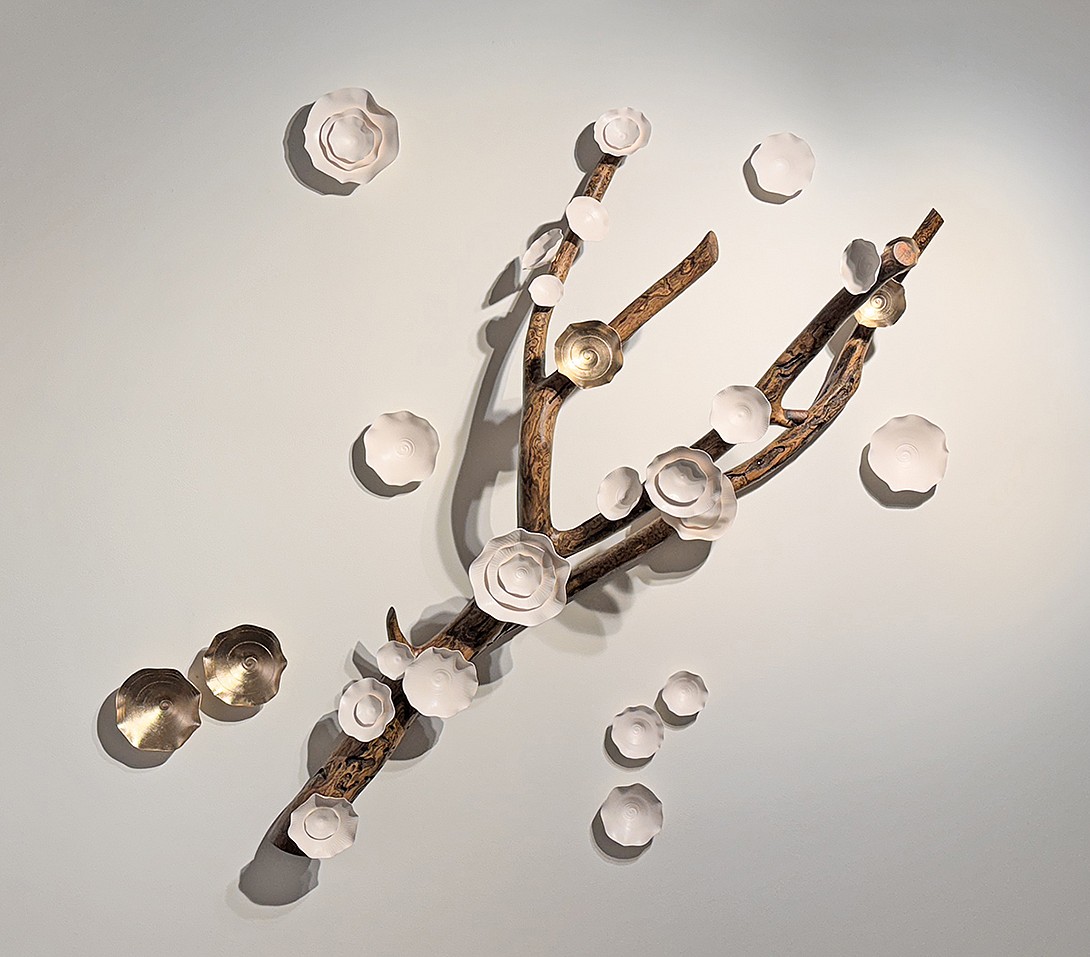 Lucrecia Waggoner, Kyoto Series: Autumn (Sold)
Porcelain with moongold leaf on tree branch, 50 x 48 x 18 in.