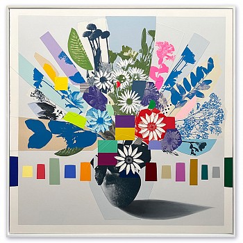 Emily Filler - Vintage Bouquet (red flower + blue leaves) Sold 60 x 60 in.