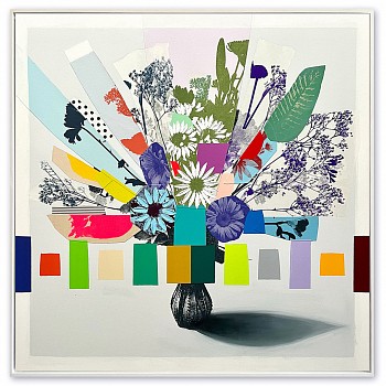 Emily Filler - Vintage Bouquet (blue flowers + hot pink leaf) Sold 48 x 48 in.